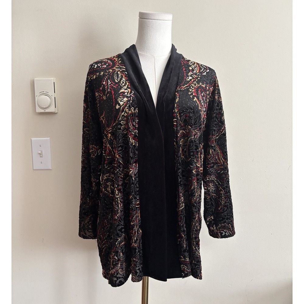Chicos Medium Open Front Cardigan Burnout Velvet Black Red Romantic Gothic Gold